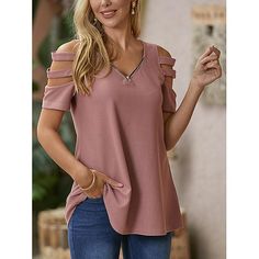 Season:Summer; Fabric:Cotton Blend; Gender:Women's; Thickness:Regular; Style:Basic; Tops Type:Blouse; Occasion:Street,Going out; Pattern:Plaid; Design:Cut Out,Zipper; Neckline:V Neck; Brand:Shall We; Listing Date:12/16/2021; Bust:null; Length:null; Sleeve:null; Fit US Size:null; Fit UK Size:null; Fit EU Size:null; Print Type:non-printing; Sleeve Length:Short Sleeve Cheap Casual V-neck Top With Split Neck, Spring V-neck Top With Zipper Closure, Casual V-neck Tops With Zipper Closure, Cheap V-neck T-shirt With Button Closure, Red V-neck Blouse With Button Closure, Womens Basic Tops, Woman Wine, Pink Plaid, White Plaid