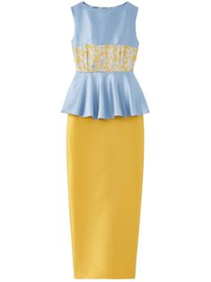 DESTREE Cy peplum-waist Midi Dress  - Farfetch Formal Peplum Midi Dress For Summer, Yellow Satin Midi Dress For Spring, Formal Summer Peplum Midi Dress, Fitted Yellow Pleated Midi Dress, Elegant Silk Peplum Dress, Chic Yellow Luxury Midi Dress, Yellow Pleated Sleeveless Midi Dress, Fitted Silk Peplum Dress, Yellow Pleated A-line Midi Dress