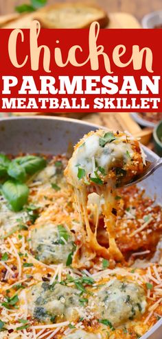 the chicken parmesan meatball skillet is being lifted with a fork from a casserole dish