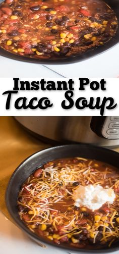 two pans filled with taco soup sitting on top of a stove next to each other