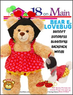 the teddy bear is wearing a red polka dot dress