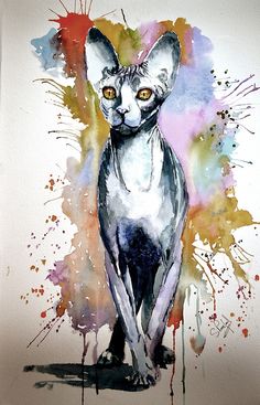 a watercolor painting of a sphy cat