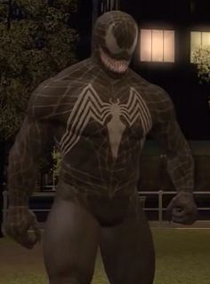 an animated spider man standing in front of a building at night with his hands on his hips