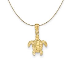 Tie the meaning to the moment with a classic or unusual pendant that makes it personal, thoughtful, or meaningful. This small sea turtle pendant crafted in 14k yellow gold features a polished and diamond-cut finish. The approximate size is 13mm (1/2 inch) in width by 21mm (13/16 inch) in length with the bail. Includes a 20 inch long, 0.9mm wide, solid 14k yellow gold cable chain with a spring ring clasp. Sea Turtle Necklace, Tiny Charm, Turtle Necklace, Turtle Pendant, Bow Jewelry, Small Pendant, Shell Pendant, Jewelry Companies, Black Bow