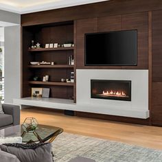 modern living room with fireplace and entertainment center