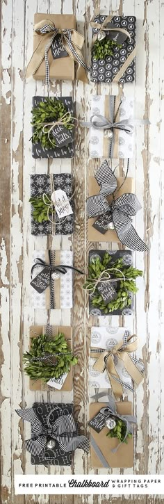 a bunch of wrapping paper on top of a wooden board with scissors and other items attached to it