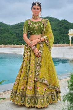 Lime Yellow Embroidered Silk Designer Lehenga Set