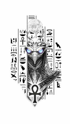 an image of the egyptian symbol with an owl on it's head, surrounded by other symbols