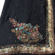 Gorgeous Black Sari With Contrasting Gold Blouse. Truly Elegant Embroidery And Color Combination. A Classic, Timeless Staple In Anyone’s Wardrobe! Luxury Black Embroidered Saree, Traditional Black Embroidered Saree, Black Silk Embroidered Saree, Black Embroidered Saree Fabric With Motifs, Black Silk Embroidered Saree Fabric, Black Sari, Gold Blouse, Elegant Embroidery, Salwar Kameez