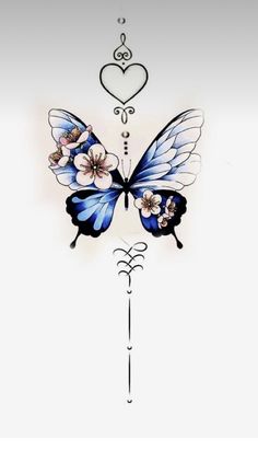 a blue butterfly with white flowers on it's wings and a heart hanging from the back