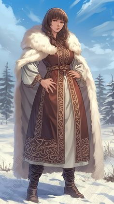 a woman dressed in medieval clothing standing in the snow with her hands on her hips