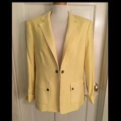 Nwt! Very Smart Yellow Cotton Blazer From The Worth Collection. Gold Buttons That Are Attached To Each Other By A Chain For Closure. Patch Pockets On Hips With Gold Button Detailing. Lined. Elegant Yellow Blazer With Pockets, Womens Worth, Lemon Rind, Cotton Blazer, Colored Blazer, Gold Buttons, Blazer Suit, Suit Jacket, Lemon