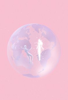 an image of a person floating in the air on top of a pink bubble with a map of the world behind it