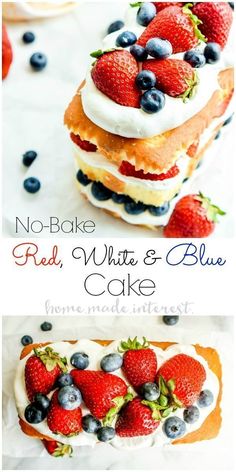 no bake red, white and blue cake with berries on top