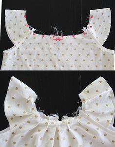 two pictures of the back and side of a dress with gold polka dots on it