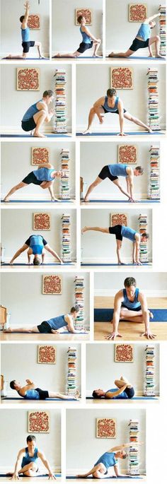 a man doing yoga poses in front of a book shelf