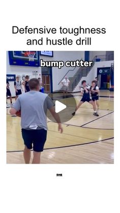 a group of young men playing basketball on a gym court with the words defensive toughness and hustle drill