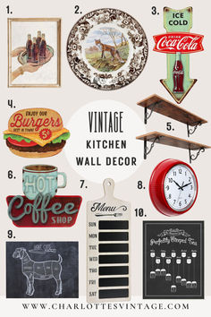 the vintage kitchen wall decor is displayed