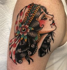 American Traditional Romani, American Traditional Tattoos Women Faces, American Traditional Lady Face Tattoo, Tattoo Ideas Female American Traditional, Romani Head Tattoo, American Traditional Woman Face Tattoo, Romani Lady Tattoo, American Traditional Lady Head Tattoo, Romani Traditional Tattoo