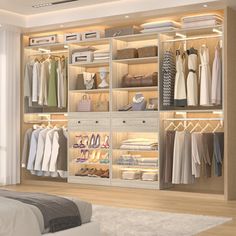 an open closet with clothes and shoes on shelves next to a bed in front of a window