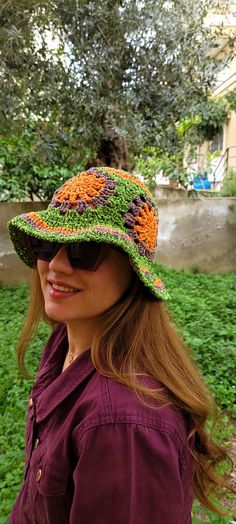 NEW SPRING/SUMMER CREATION Neon green and orange colored granny square flower crochet bucket hat. Cute and stylish granny square bucket hats hand crocheted with trendy color palettes in 2024. ✔️ DESIGN: These hats are  great for spring /summer, holidays, and festivals. They have stylish look in vintage, boho style, great with any outfit, suited for outdoor activities, and casual wear in bright colors .They are a nice treat for yourself, as well as thoughtful presents for friends or valentines. ✔ Green Crochet Hat For Summer Vacation, Green Crochet Hat For Summer, Green Crochet Summer Hat For Beach, Green Crochet Hat For Summer Beach, Green Summer Crochet Hat For Beach, Green Casual Crochet Hat For Beach, Green Crochet Summer Beach Hat, Green Casual Crochet Beach Hat, Casual Green Crochet Beach Hat