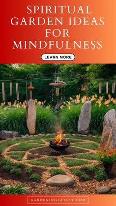 a garden with rocks, grass and fire pit in the center is surrounded by plants