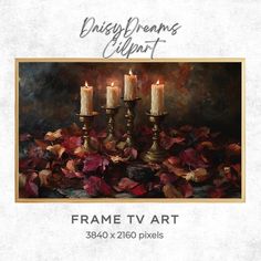 three candles on top of leaves with the words'frame tv art'above them