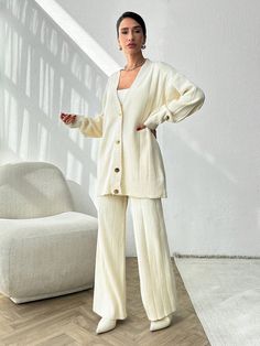 2pcs Set Wide Ribbed Metal Button Cardigan Loose Knitted Sweater White Casual    Plain Pants Medium Stretch  Women Clothing, size features are:Bust: ,Length: ,Sleeve Length: Plain Pants, Ankle Socks Women, Knit Leggings, Black And White Prints, Sweater White, Button Cardigan, Women's Shapewear, Girls Denim, Wide Leg Denim