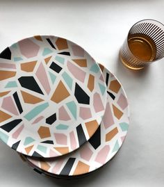 "Bamboo Plates - light weight, low profile, great for outdoor dining, for little hands, or for every day!  10\" dinner plates Set of 4 Plates $40 Set of 8 Plates $70 (Saves $10) Set of 12 Plates $105 (Saves $15) Dishwasher safe - Contents: Bamboo, Corn and Resin binders.  Why Bamboo? It's a remarkably renewable and sustainable resource. Bamboo is the fastest growing plant on earth. Once harvested, it regrows on its own, much like grass. Growing bamboo requires zero pesticides and herbicides; it' Growing Bamboo, Terrazzo Design, Bamboo Plates, Keramik Design, Dinner Plate Sets, Plate Design, Pottery Painting, Outdoor Kids, Geometric Designs