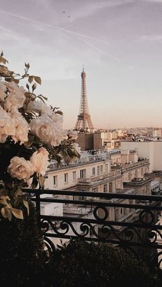 the eiffel tower is in the distance with white flowers growing out of it