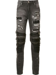 Grey cotton blend zipped ripped skinny jeans from God's Masterful Children. Techno Clothes, Celebrities Leather Jacket, Stylish Eve, Mens Fashion Jeans, Black Ripped Jeans, Stylish Pants, Patched Jeans, Kinds Of Clothes, Celebrity Outfits