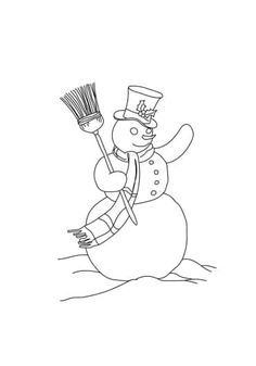 a black and white drawing of a snowman with a broom in his hand,