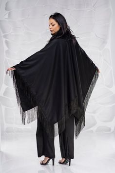 "Women Poncho, Black Cardigan, Fringe Cardigan ♛ All of Rosche's pieces are created with the sole purpose that YOU feel beautiful! Enjoy unique details in combination with high-quality materials every day and make a statement every place you go! ♛ The black jumpsuit is available here : https://www.etsy.com/listing/690071517/women-jumpsuit-palazzo-jumpsuit-wide-leg?ref=shop_home_active_15&pro=1 ♛ Perfect for every occasion! ♛ Custom fit: Your comfort is essential to us, so we can make the gar Cape For Women, Womens Black Jumpsuit, Winter Poncho, Cardigan Plus Size, Black Poncho, Off Shoulder Jumpsuit, Fringe Cardigan, Maxi Cardigan, Wool Poncho