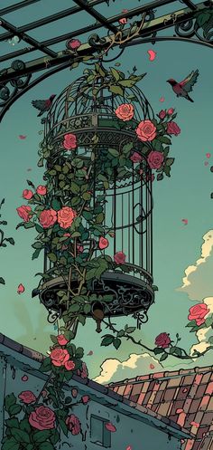 a bird cage with roses hanging from it's roof and the sky in the background