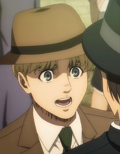 two anime characters with hats and ties looking at each other