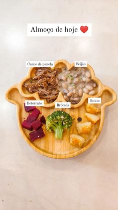 a wooden tray with different types of food on it and the words almoco de hoje written in spanish