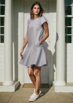 This above the knee length a Light Gray dress is made of polyester, viscose and elastane blend, this is a short, like wings sleeves dress, it has two beautiful pockets. This casual dress is essentia clothing in summer. Beautifully romantic and feminine, this dress could be worn to just about any kind of occasion on a summer's day. When You dress this dress you feel beautiful and exclusive.  The dress is fastened with a zipper in the back. Front and back of dress are with lined (100% viscose). Fabric of the dress: 68% polyester, 30% viscose, 2% elastane. The model is 174 cm tall and M-sized, wearing a size M dress. Dimensions of this dress: SIZE S:  Bust: 36.6" / 93 cm  Waist: 37" / 94 cm Hips: 37.8" / 96 cm  Dress length 36.2 "/ 92 cm. SIZE M: Bust: 38.6" / 98 cm  Waist: 39.4" / 100 cm Hip Knee-length Dress With Fitted Waist And Flattering Silhouette, Knee-length Stretch Mini Dress With Flattering Silhouette, Stretch Knee-length Mini Dress With Flattering Silhouette, Knee-length Fit And Flare Mini Dress For Daywear, Summer Mini Dress With Short Sleeves And Flattering Silhouette, Stretch A-line Mini Dress For Daywear, Fitted Mini Length Short Sleeve Dress For Daywear, Fitted Short Sleeve Mini Dress For Daywear, Fitted Short Sleeve Knee-length Dress