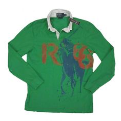 a green polo shirt with red and blue paint splattered on the chest,