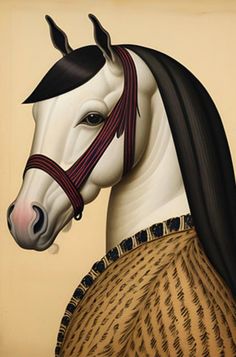 a painting of a white horse with black manes and braids on it's head