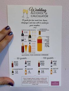 a person holding up a wedding alcohol calculator card with wine glasses on it