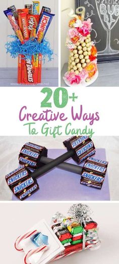 some candy and candies are on display with the words 20 creative ways to gift candy