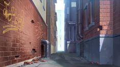 an alley way with brick walls and graffiti on it