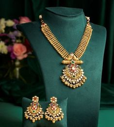 Antique Gold Long Necklace Designs, Long Gold Necklace Designs Latest, Long Gold Necklace Indian, Gold Jewelry Set, Wedding Party Wear