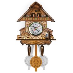 a wooden cuckoo clock with figures on the front and side of it's face