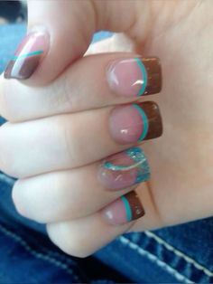 Brown Turquoise Nails, Brown And Aqua, Turquoise And Brown Nails, Brown And Turquoise Nails, Brown And Teal Nails, Teal And Brown Nails, Brown Y2k Nails, Y2k Summer Nails, Blue And Brown Nails