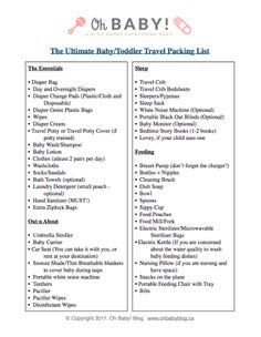 the ultimate baby / toddler travel packing list is shown in this printable version