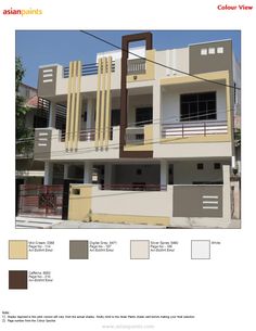 the front and side view of a two story house with different colors on each floor