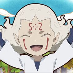 an anime character with his hands up in the air and eyes closed, while holding his head