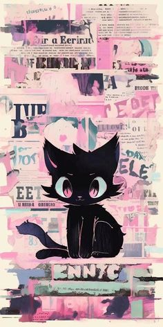 a black cat sitting on top of a piece of paper with words all over it