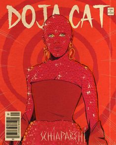 the cover to dota cat magazine, featuring a woman in red dress and gold hoop earrings